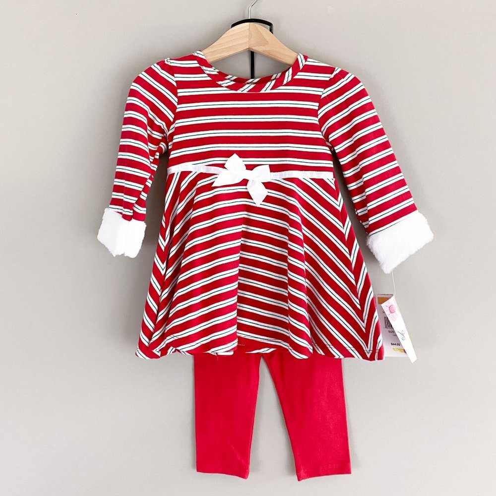 Christmas Holiday 2 Piece Outfit Red White Stripe Faux Fur NWT 12 months